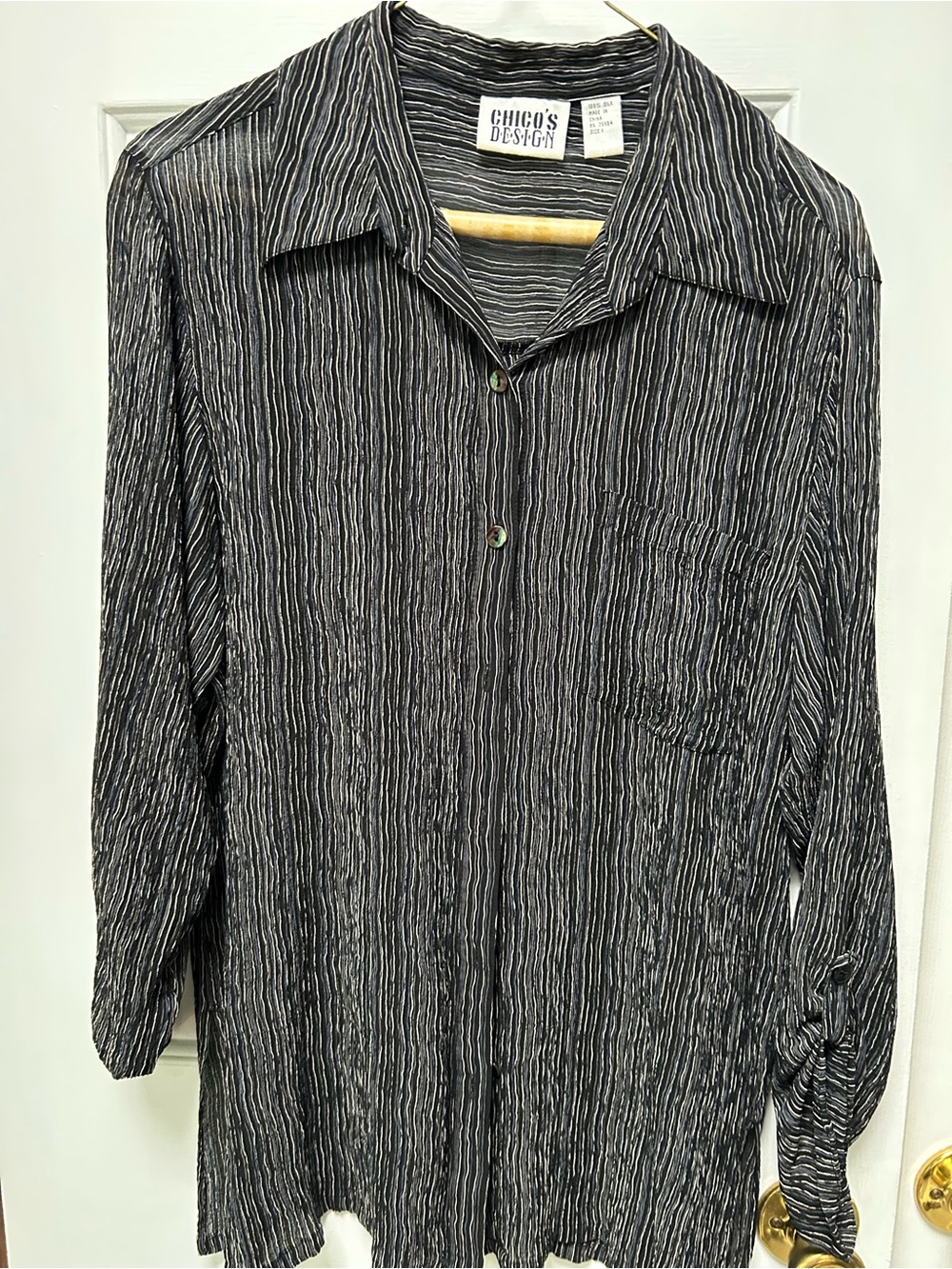 Chico's Design Black/White Striped All Silk Blouse w/convertible sleeve length,1